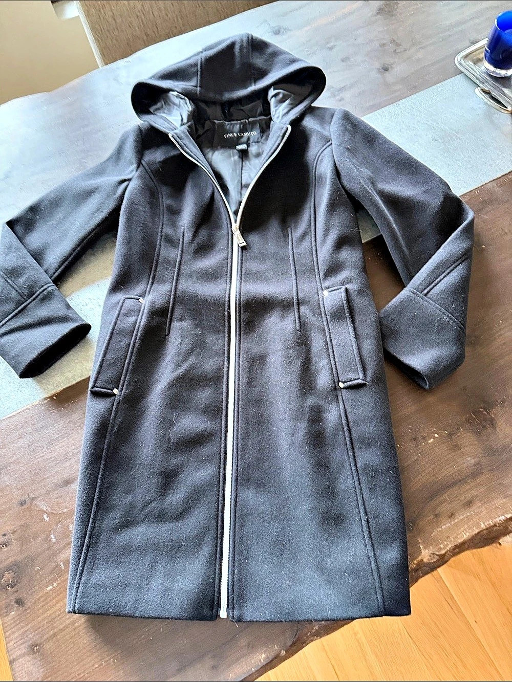Vince Camuto Hooded Zip Front Coat Black Medium